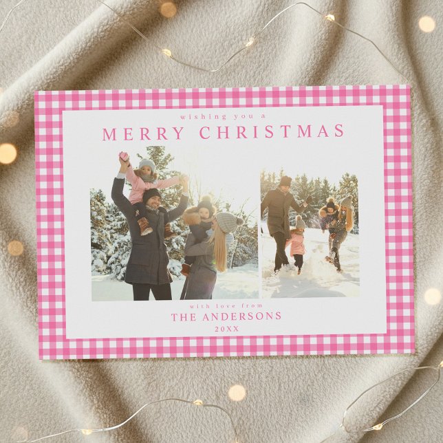 Pink Gingham Plaid Two Photo Holiday Card (Creator Uploaded)
