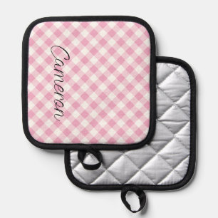 Pink Gingham Pot Holder with Name Personalised