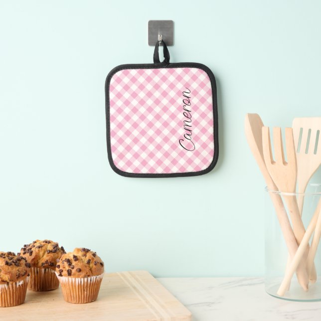 Pink Gingham Pot Holder with Name Personalised (Insitu(Hanging))