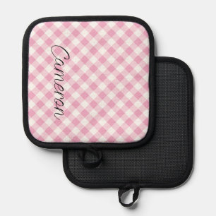 Pink Gingham Pot Holder with Name Personalised