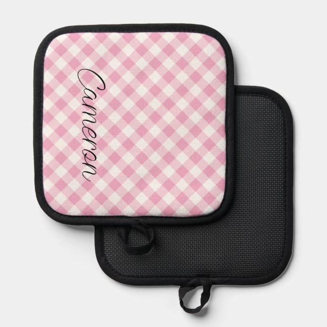 Pink Gingham Pot Holder with Name Personalised (Front/Back)