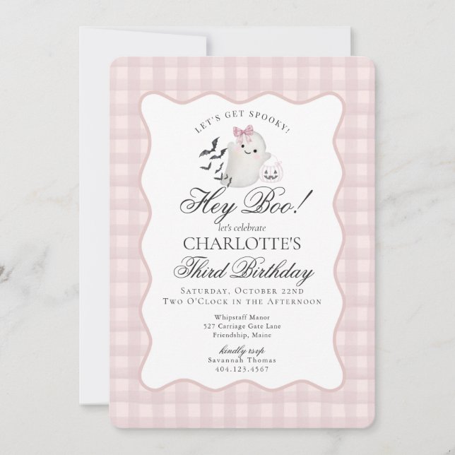 Pink Gingham Preppy Ghost Hey Boo Birthday Invitation (Front)