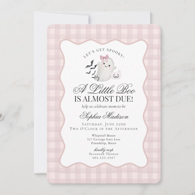 Pink Gingham Preppy Ghost Little Boo Baby Shower Invitation (Front)