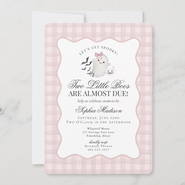 Pink Gingham Preppy Ghost Twins Baby Shower Invitation (Front)