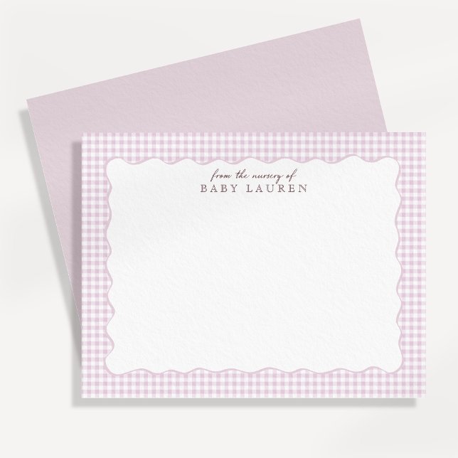 Pink Gingham Preppy Wavy Frame Nursery Note Card (Creator Uploaded)