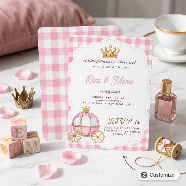 Pink Gingham Princess Carriage Baby Shower  Invitation (Creator Uploaded)
