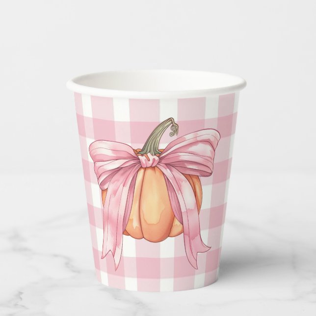 Pink Gingham Pumpkin Tied With a Bow Paper Cups (Front)