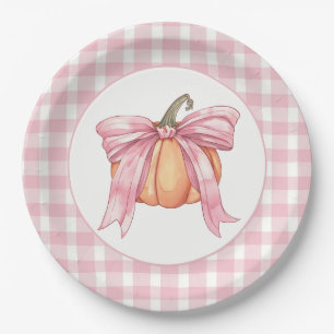 Pink Gingham Pumpkin Tied with a Bow Paper Plate