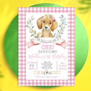 Pink Gingham Puppy Birthday Shower Invitation
