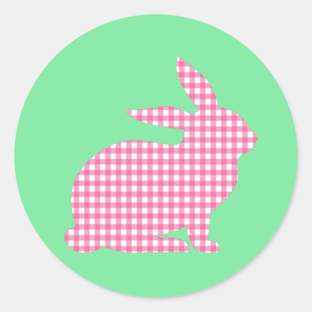 Pink Gingham Rabbit Classic Round Sticker (Front)