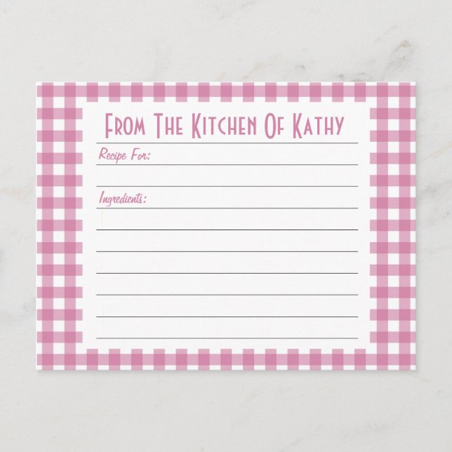 Pink Gingham Recipe Card (Front)
