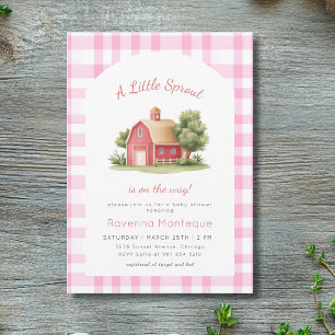 Pink Gingham Red Barn Little Sprout Baby Shower Invitation