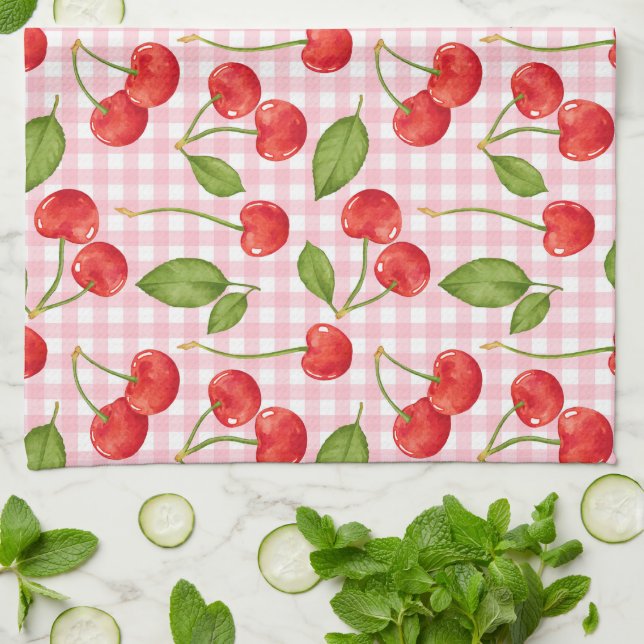 Pink Gingham & Red Cherries Picnic Tea Towel (Folded)