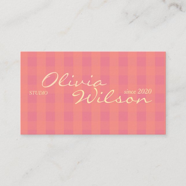 Pink Gingham Retro Studio Calligraphy Business Car Card (Front)