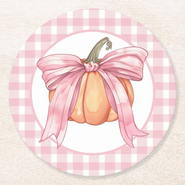 Pink Gingham Ribbon Pumpkin, Coquette Bow Round Paper Coaster (Front)