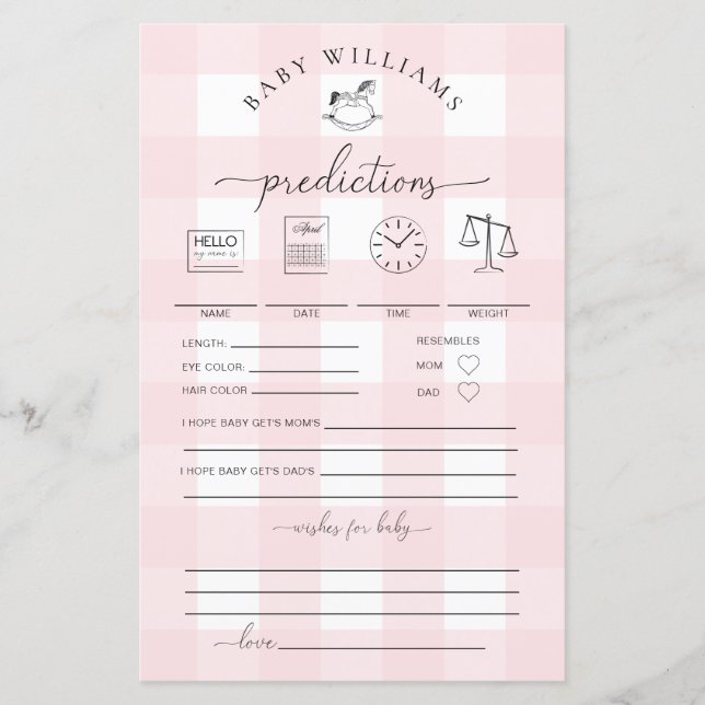 Pink Gingham Rocking Horse Baby Predictions Game (Front)