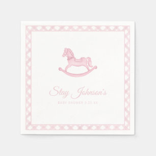 Pink Gingham Rocking Horse Baby Shower Napkins