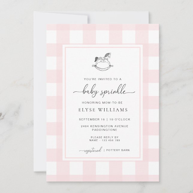 Pink Gingham Rocking Horse Baby Sprinkle Invitation (Front)