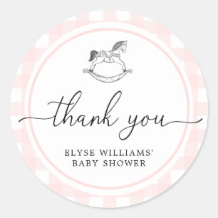 Pink Gingham Rocking Horse Shower Favour Sticker