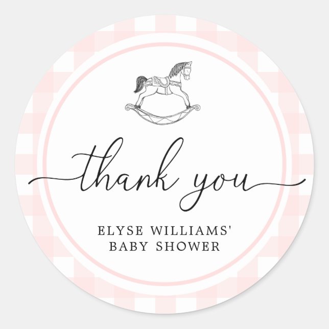 Pink Gingham Rocking Horse Shower Favour Sticker (Front)