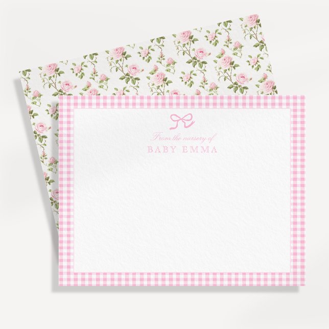 Pink Gingham & Rose Floral Baby Note Card (Creator Uploaded)