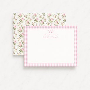 Pink Gingham & Rose Floral Baby Note Card