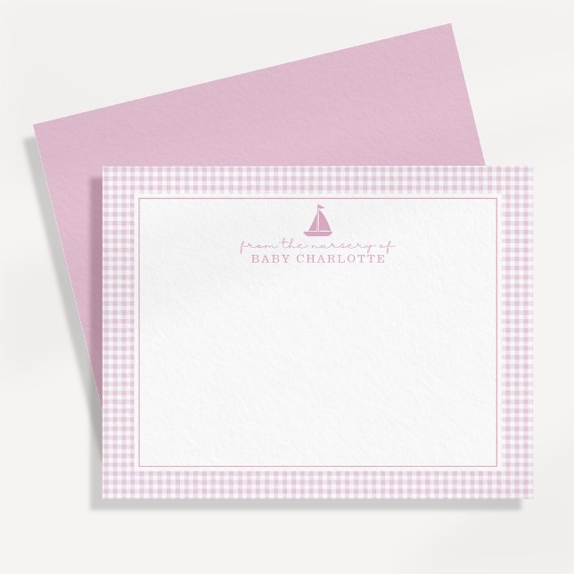 Pink Gingham Sailboat Nursery Note Card (Creator Uploaded)