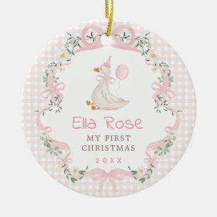 Pink Gingham Silly Goose Baby First Christmas Ceramic Tree Decoration
