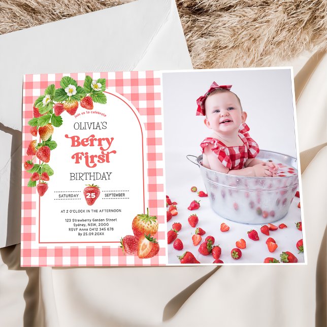 Pink Gingham Strawberry 1st Birthday Photo  Invitation (Creator Uploaded)