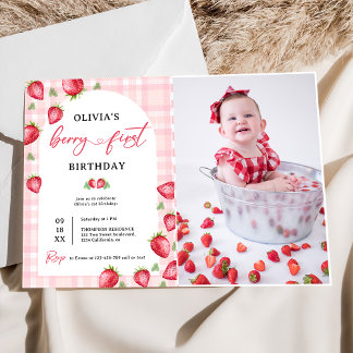 Pink Gingham Strawberry 1st Birthday Photo Invitation