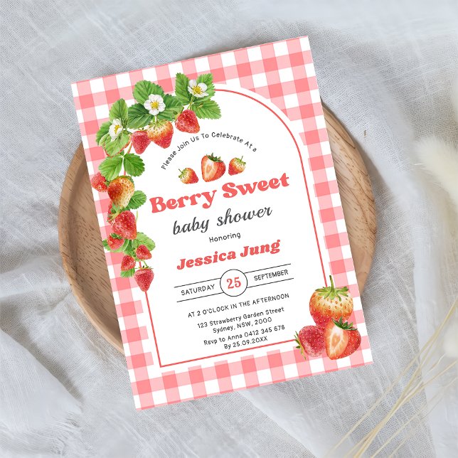 Pink Gingham Strawberry Baby Shower Party  Invitation (Creator Uploaded)