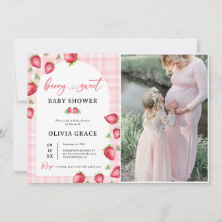 Pink Gingham Strawberry Baby Shower Party Photo Invitation