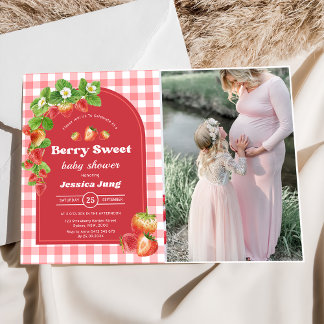 Pink Gingham Strawberry Baby Shower Party Photo Invitation