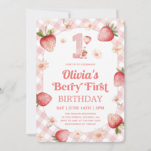 Pink Gingham Strawberry Berry 1st Birthday Invitation