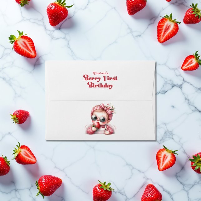 Pink Gingham & Strawberry Berry First Birthday Envelope (Pink Gingham & Strawberry Berry First Birthday Envelope)