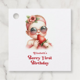 Pink Gingham & Strawberry Berry First Birthday Favour Tags