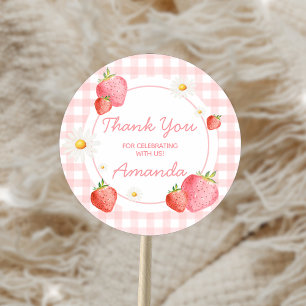 Pink Gingham Strawberry Berry First Birthday Party Classic Round Sticker