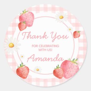 Pink Gingham Strawberry Berry First Birthday Party Classic Round Sticker