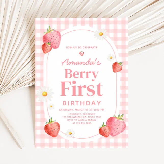 Pink Gingham Strawberry Berry First Birthday Party Invitation | Zazzle
