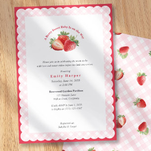 Pink Gingham Strawberry Berry Sweet Baby Shower Invitation