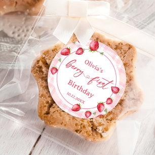 Pink Gingham Strawberry Birthday Classic Round Sticker