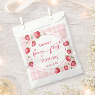 Pink Gingham Strawberry Birthday Favour Bags