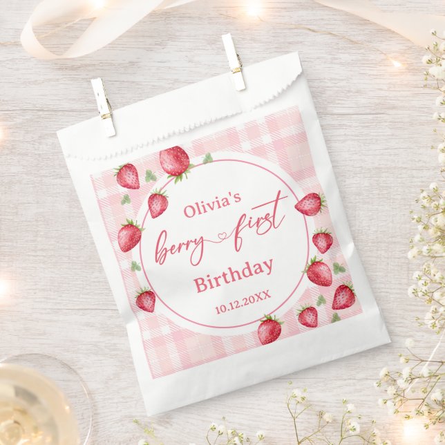 Pink Gingham Strawberry Birthday Favour Bags (Clipped)