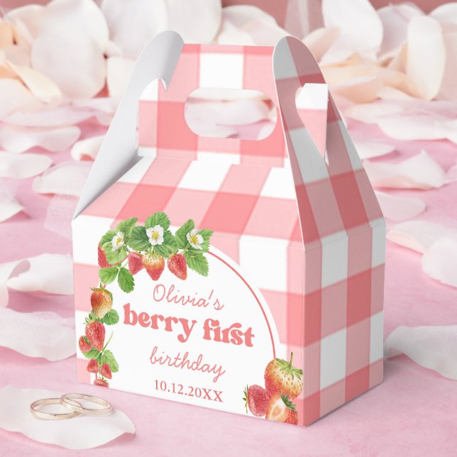 Pink Gingham Strawberry Birthday Favour Box (Wedding)
