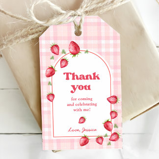 Pink Gingham Strawberry Birthday Gift Tags