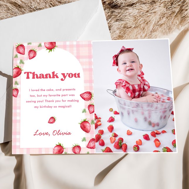 Pink Gingham Strawberry Birthday Thank You Card (Creator Uploaded)