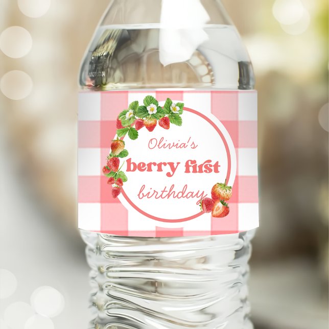 Pink Gingham Strawberry Birthday Water Bottle Label (Creator Uploaded)