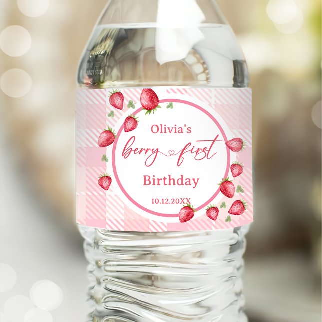 Pink Gingham Strawberry Birthday Water Bottle Label (Creator Uploaded)