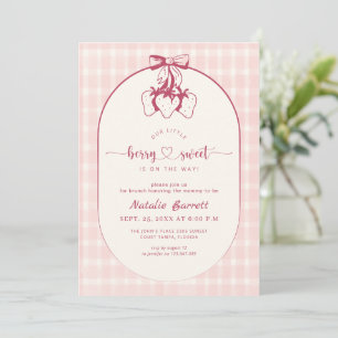Pink Gingham Strawberry Bow Baby Shower Invitation