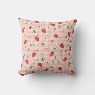 Pink Gingham Strawberry Daisy Bow Pattern Cushion
